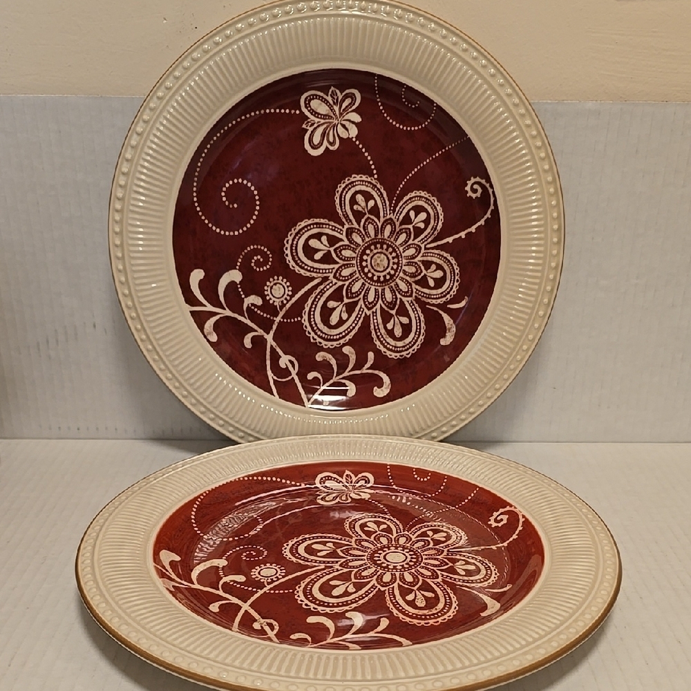 Pair of Pier 1 Maribeth Floral Red and Cream Dinner Plates